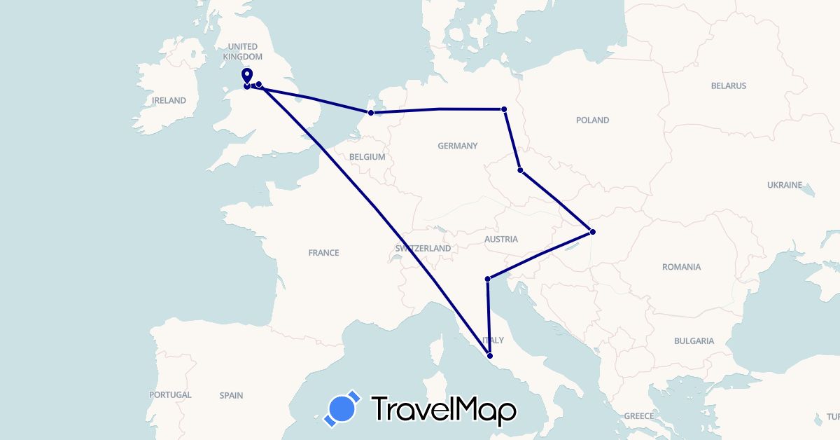 TravelMap itinerary: driving in Czech Republic, Germany, United Kingdom, Hungary, Italy, Netherlands (Europe)